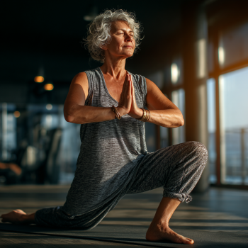 Katta yoshdagi ayol yoga mashqlarini bajarmoqda